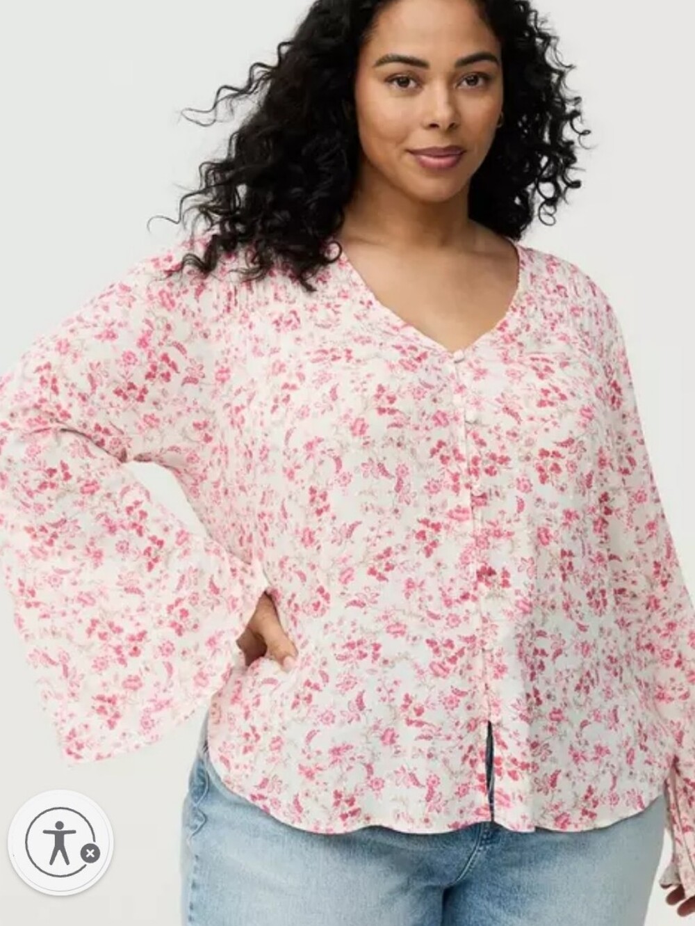 🆕️ TORRID PINK FLORAL GAUZE V-NECK LONG SLEEVE BLOUSE TOP